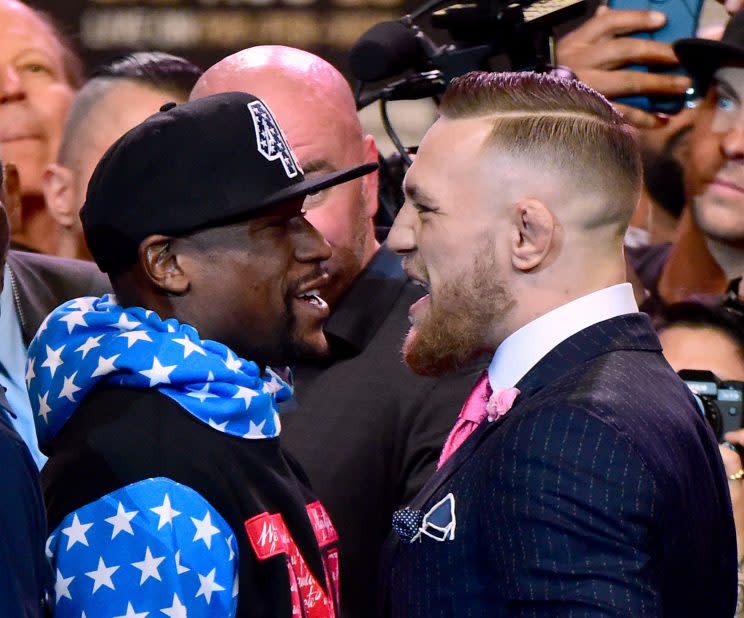 Conor McGregor took every opportunity to send a message to Floyd Mayweather Jr. at their presser on Tuesday. (Getty)