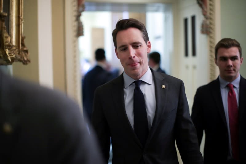 U.S. Senator Hawley departs after the weekly Republican caucus luncheon at the U.S. Capitol in Washington