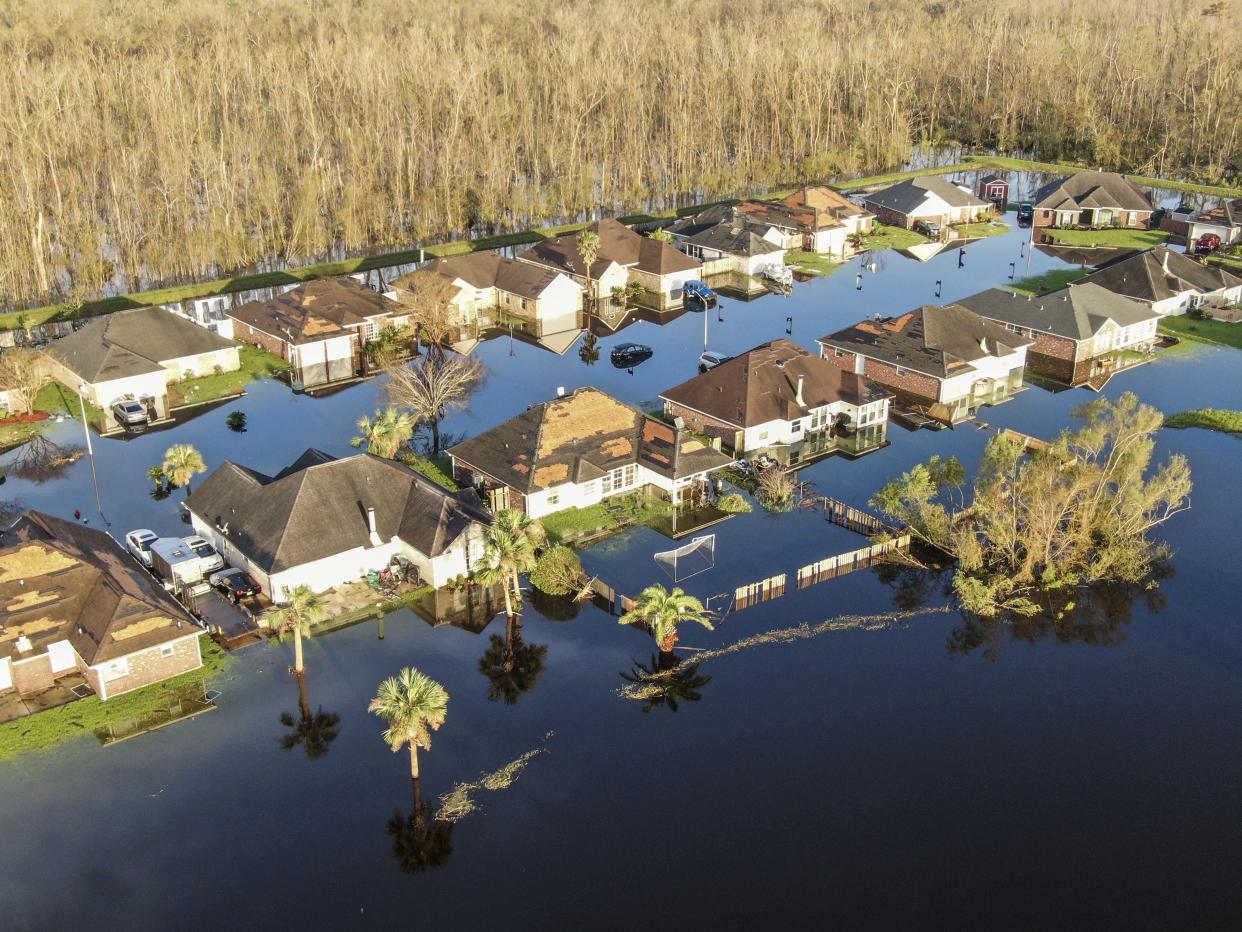 An aerial photo made with a drone shows damage caused by Hurricane Ida in La Place, Louisiana, USA, Tuesday. The Category 4 storm came ashore on 29 August causing heavy flooding, downing trees, and ripping off roofs. (Tannen Maury/EPA-EFE/Shutterstock)