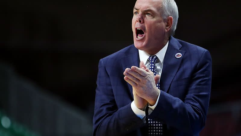 Brigham Young Cougars head coach Dave Rose claps as the BYU Cougars and San Diego Toreros play in WCC tournament action at the Orleans Arena in Las Vegas on Sunday, March 10, 2019. Rose headlines the Utah Sports Hall of Fame 2023 class.