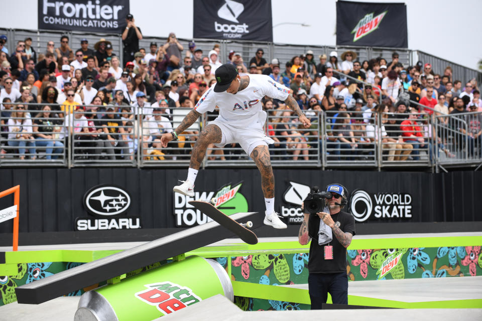 Nyjah Huston of the United States competes during the men's street finals of the Dew Tour Skateboarding Championships in Long Beach, California, U.S., June 16, 2019.  REUTERS/Andrew Cullen