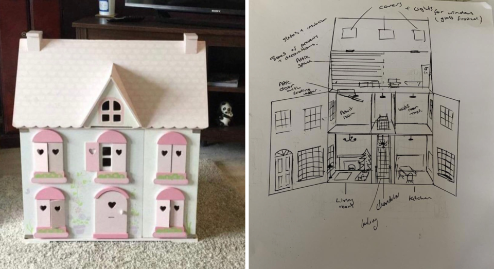 A composite image of a plain doll's house (left) and a sketch of a doll's house (right). (Caters)