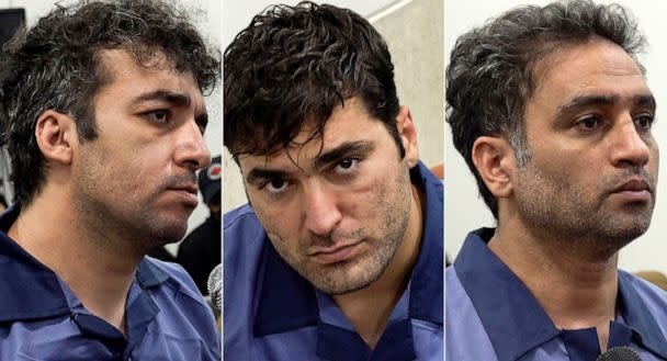 PHOTO: Three men Saleh Mirhashemi, Majid Kazemi and Saeed Yaghoubi are pictured at their trial Jan 9, 2023 in Tehran, Iran. (AP)