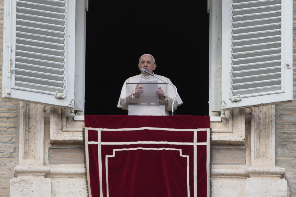 Pope Francis delivers the Angelus noon prayer in St. Peter's Square at the Vatican, Sunday, Feb. 27, 2022. The Ukrainian Embassy to the Holy See says Pope Francis spoke by phone on Saturday with Ukrainian President Volodymyr Zelenskyy. The embassy tweeted that “the Holy Father expressed his deepest pain for the tragic events that are taking place in our country.”(AP Photo/Gregorio Borgia)