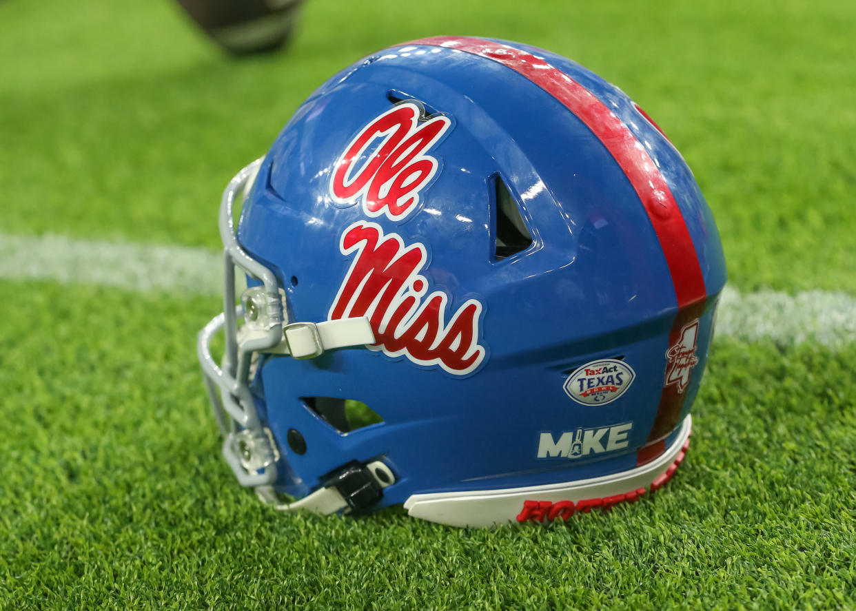 HOUSTON, TX - DECEMBER 28:  Ole Miss Rebels helmet rests on the sidelines during the TaxAct Texas Bowl between the Texas Tech Red Raiders and Ole Miss Rebels on December 28, 2022 at NRG Stadium in Houston, Texas.  (Photo by Leslie Plaza Johnson/Icon Sportswire via Getty Images)