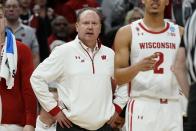 Wisconsin head coach Greg Gard reacts during the first half of a second-round NCAA college basketball tournament game against Iowa State Sunday, March 20, 2022, in Milwaukee. (AP Photo/Morry Gash)