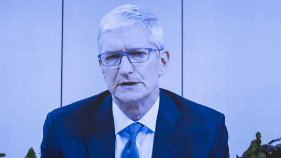 Tim Cook, chief executive officer of Apple, is shown in July testifying remotely during the House Judiciary Subcommittee on Antitrust, Commercial and Administrative Law hearing on Online Platforms and Market Power. (Photo by Graeme Jennings-Pool/Getty Images)