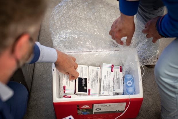 Second doses of the AstraZeneca COVID-19 vaccine are prepared at a midtown Toronto pharmacy on May 26, 2021. (Evan Mitsui/CBC - image credit)