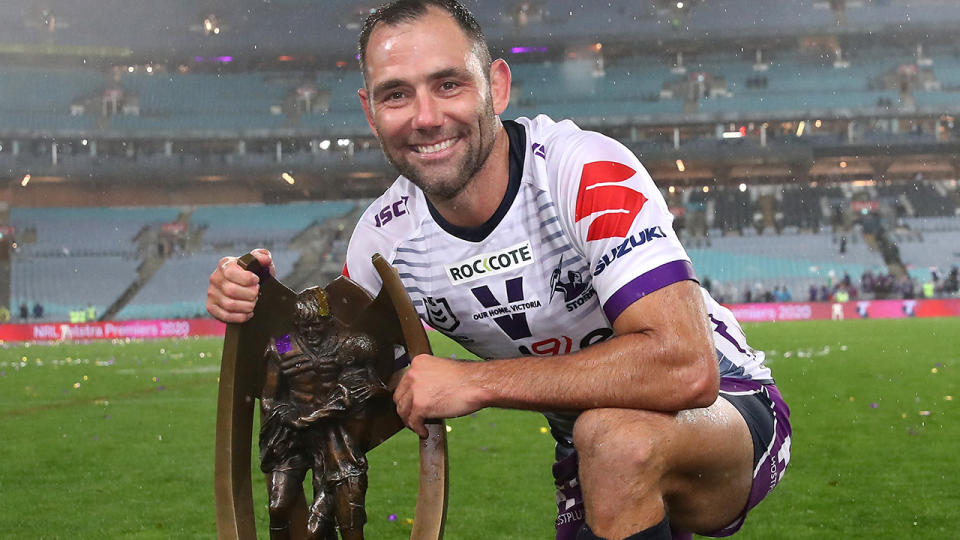 Cameron Smith, pictured here with the Premiership trophy after winning the 2020 NRL grand final with the Melbourne Storm.