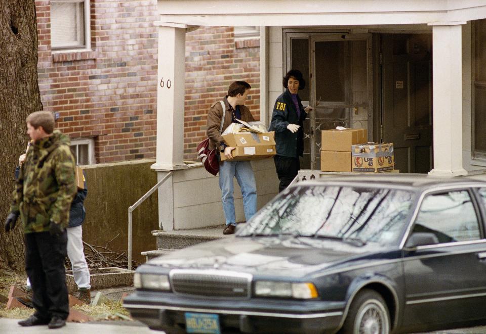 FBI agents remove evidence, March 10, 1993 in  Maplewood, New .Jersey, home of Nidal Ayyad after the morning arrest of Ayyade in connection with the bombing of the World Trade Center.