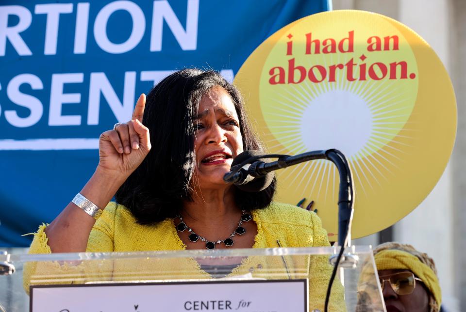 Rep. Pramila Jayapal, D-Wash., speaks during a demonstration in front of the U.S. Supreme Court as justices hear arguments in Dobbs v. Jackson Women's Health, a case about a Mississippi law that bans most abortions after 15 weeks, on Dec. 1, 2021, in Washington, D.C.