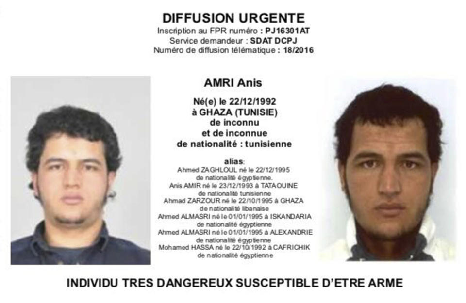 The photo which was sent to European police authorities and obtained by AP on Wednesday, Dec. 21, 2016 shows Tunisian national Anis Amri who is wanted by German police for an alleged involvement in the Berlin Christmas market attack. The Tunisian man suspected of driving a truck into a crowded Christmas market in Berlin was killed early Friday Dec. 23, 2016 in a shootout with police in Milan, ending a Europe-wide manhunt, Italy's interior minister said. (Police via AP)