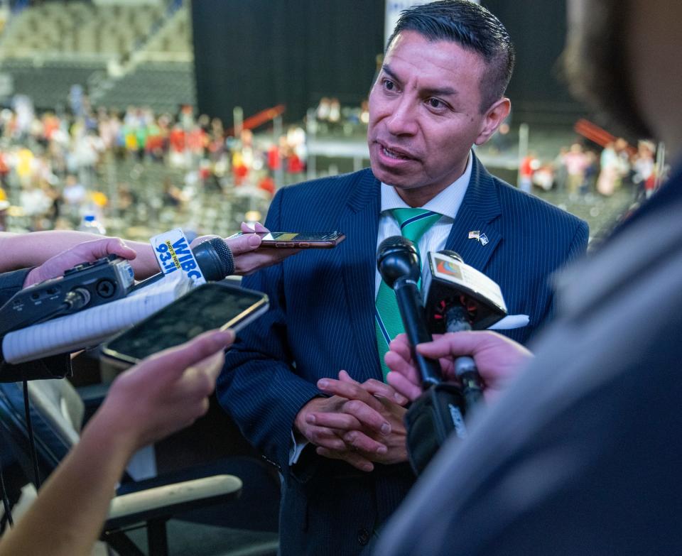 Diego Morales, the GOP pick for Indiana’s Secretary of State, does a press conference at the state GOP Convention, Indiana Farmer’s Coliseum, Indianapolis, Saturday, June 18, 2022. 