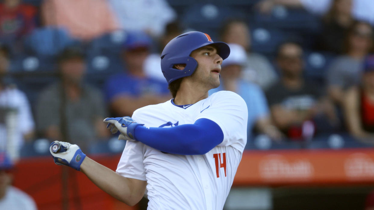 Florida's Jac Caglianone is currently one of the top-ranked prospects ahead of the 2024 MLB draft. (AP Photo/Gary McCullough)