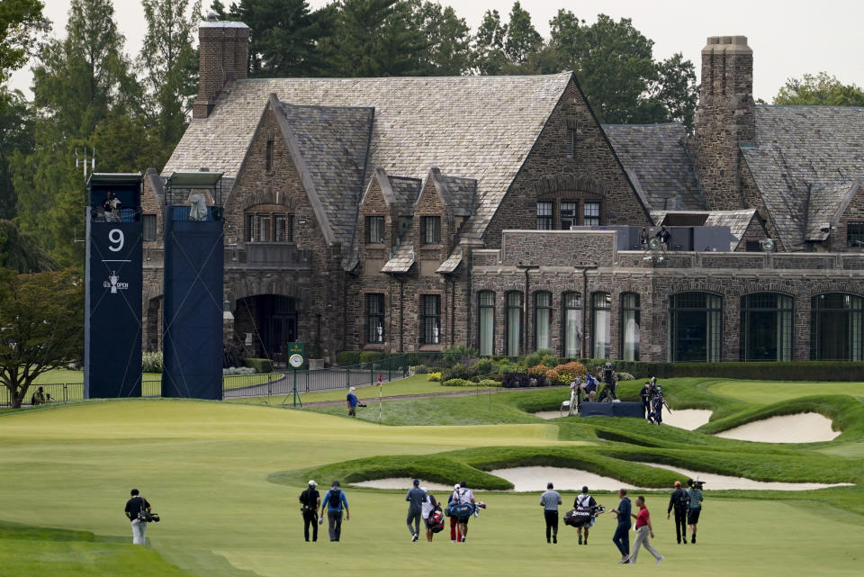 Hideki Matsuyama, of Japan, Jordan Spieth, of the United States,and Patrick Reed, of the United States, during the first round of the US Open Golf Championship, Thursday, Sept. 17, 2020, in Mamaroneck, N.Y. (AP Photo/John Minchillo)