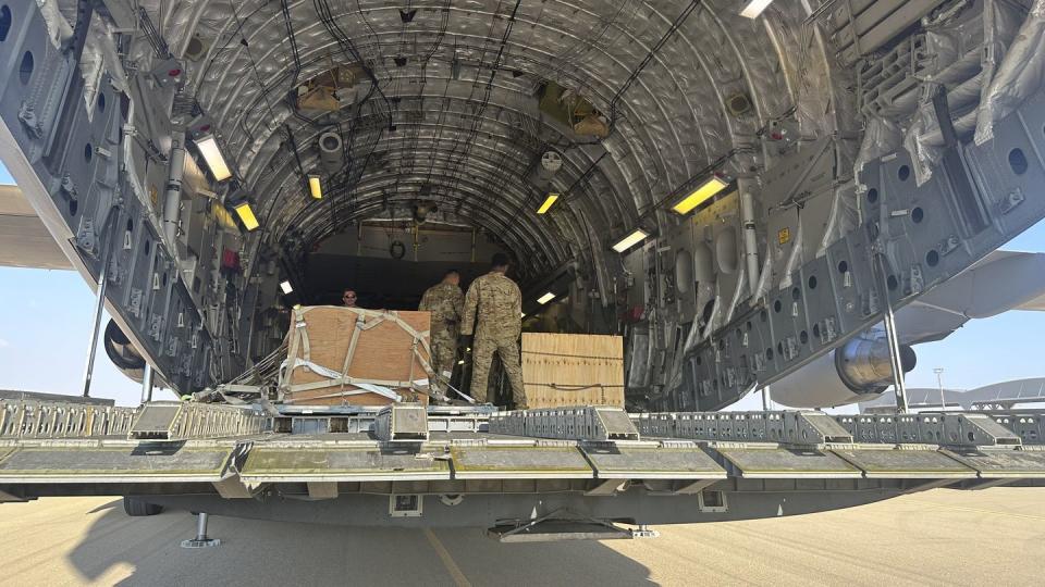A U.S. C-17 sits at the Nevatim Air Base in the desert in Israel, Friday, Oct. 13, 2023. The aircraft arrived Friday with crates of American munitions for Israel. (Lolita Baldor/AP)