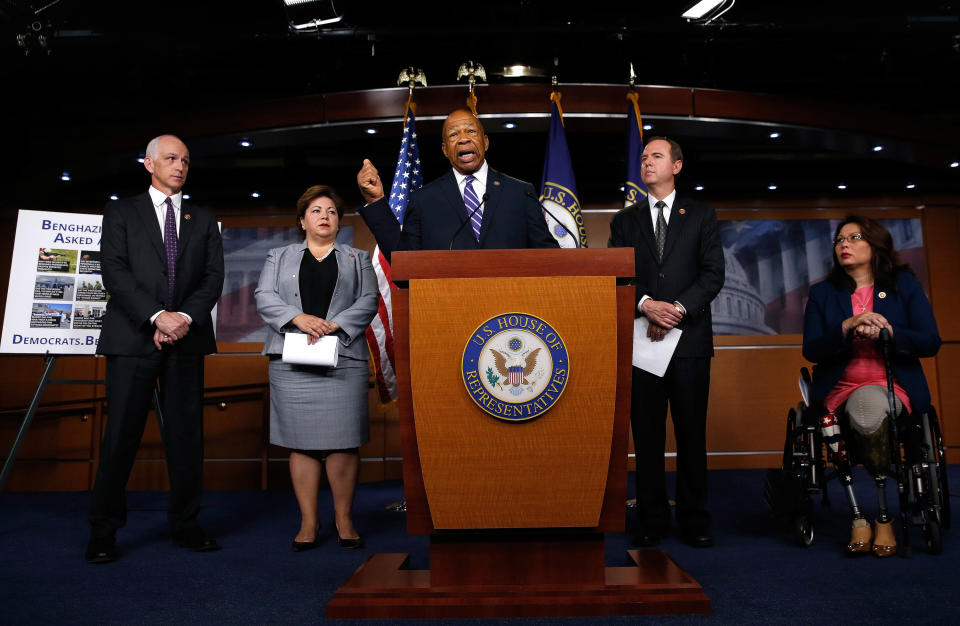 Rep. Elijah Cummings (C) (D-MD) speaks during a press conference by Democratic members of the House Select Committee on Benghazi Sept. 16, 2014 at the U.S. Capitol in Washington, DC. Also pictured (L-R) are Rep. Adam Smith (D-WA), Rep. Linda Sanchez (D-CA), Rep. Adam Schiff (L) (D-CA) and Rep. Tammy Duckworth (R) (D-IL). (Photo: Win McNamee/Getty Images)