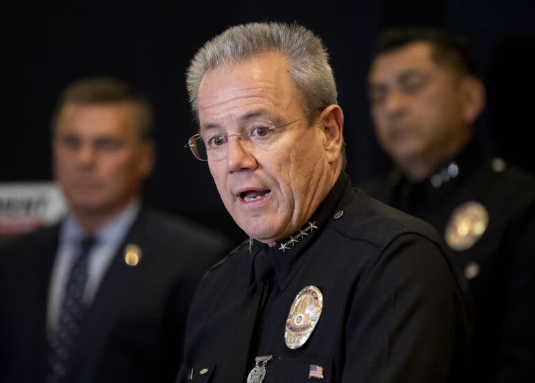Los Angeles, CA - November 17: LAPD Chief Michel Moore speaks at a news conference discussing the results of an investigation involving the Commercial Crimes Division's Train Burglary Task Force. Los Angeles City Attorney Mike Feuer, along with representatives of the Los Angeles County District Attorney's office, Union Pacific Railroad Police, and BNSF Railroad Police attend. The year-long investigation into burglaries of commercial railroad cargo containers resulted in 22 arrests. Photo taken in LAPD Headquarters, Los Angeles, CA on Thursday, Nov. 17, 2022. (Allen J. Schaben / Los Angeles Times)