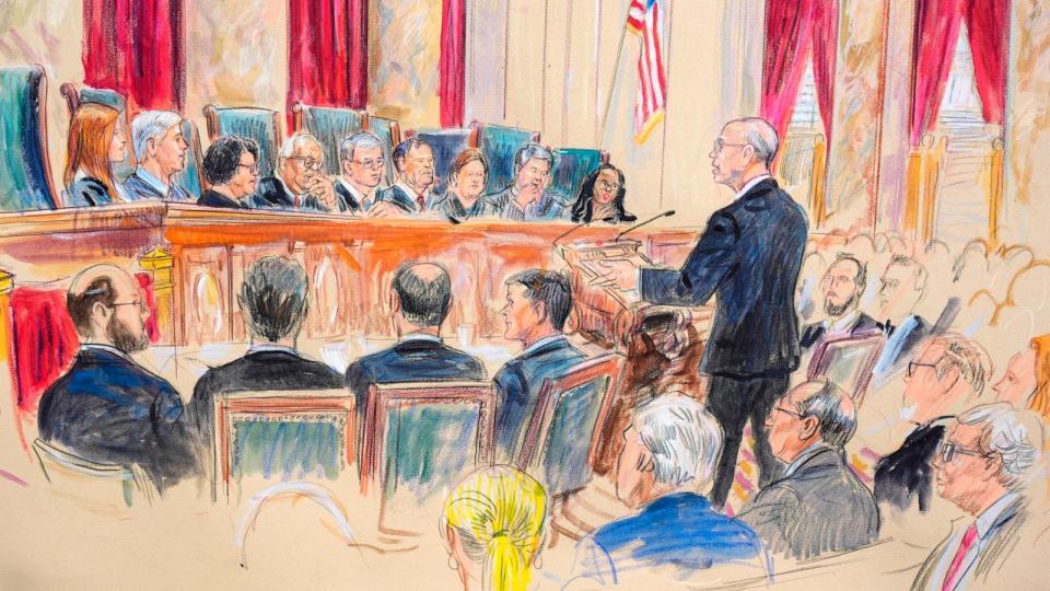 PHOTO: This artist sketch depicts Michael Dreeben, counselor to Special Counsel Jack Smith as he argues before the Supreme Court in Washington, Apr. 25, 2024.  (Dana Verkouteren/AP)