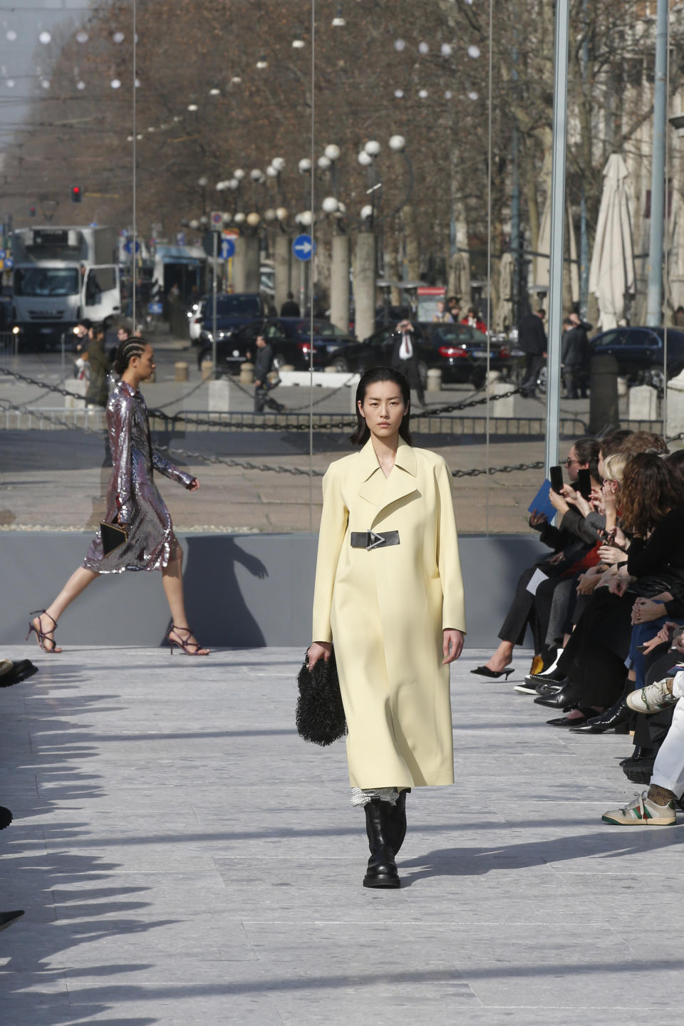 A model wears a creation as part of the Bottega Veneta women's Fall-Winter 2019-2020 collection, that was presented in Milan, Italy, Thursday, Friday, Feb. 22, 2019. (AP Photo/Antonio Calanni)