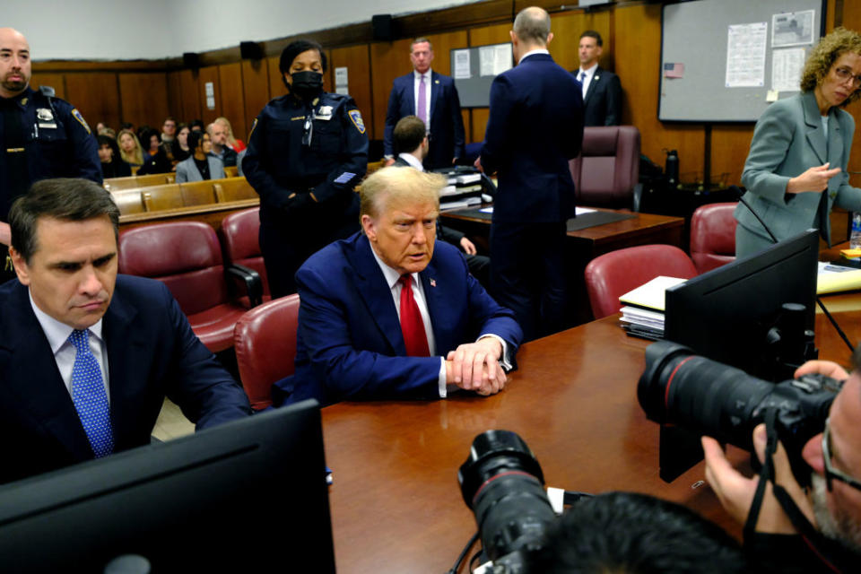 Donald Trump in Manhattan Criminal Court with his lawyer, Todd Blanche, during his trial for allegedly covering up hush money payments. 