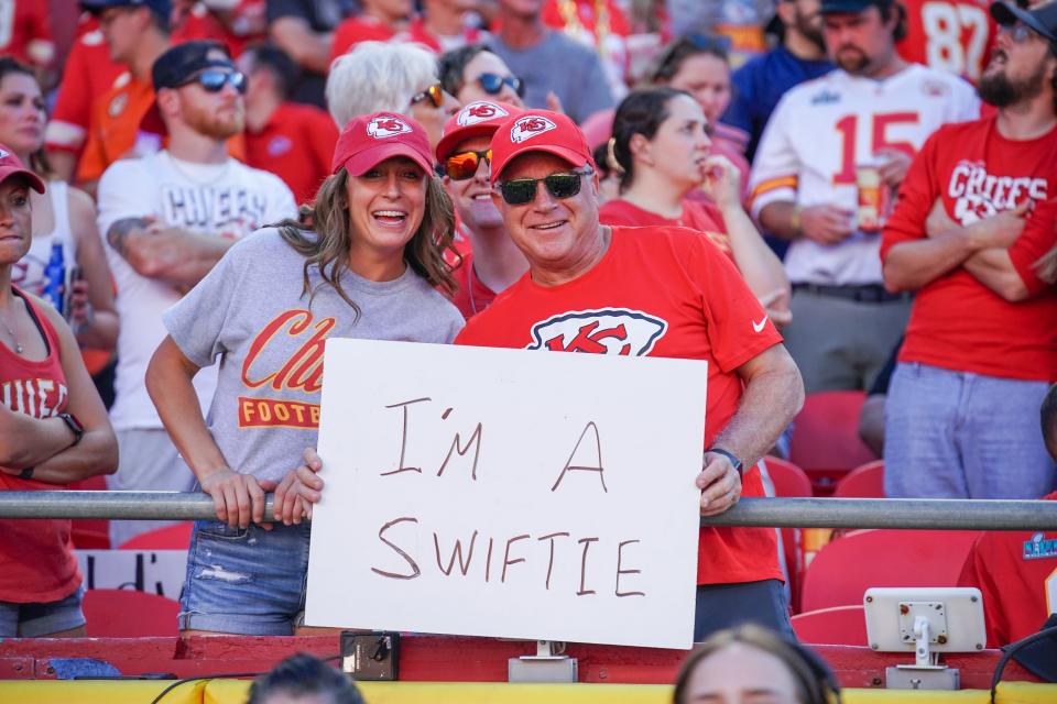 Kansas City Chiefs and Taylor Swift fans show their support against the Chicago Bears during the first half at GEHA Field at Arrowhead Stadium on Sept. 24, 2023.