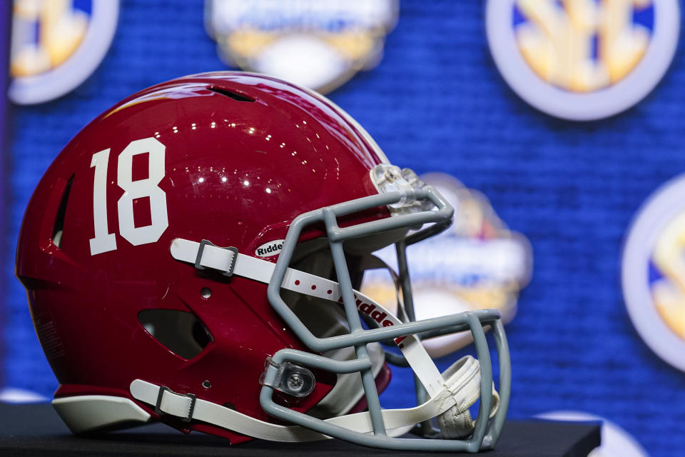 Jul 19, 2022; Atlanta, GA; The Alabama helmet on the stage during the SEC Media Days at the College Football Hall of Fame. Dale Zanine-USA TODAY Sports