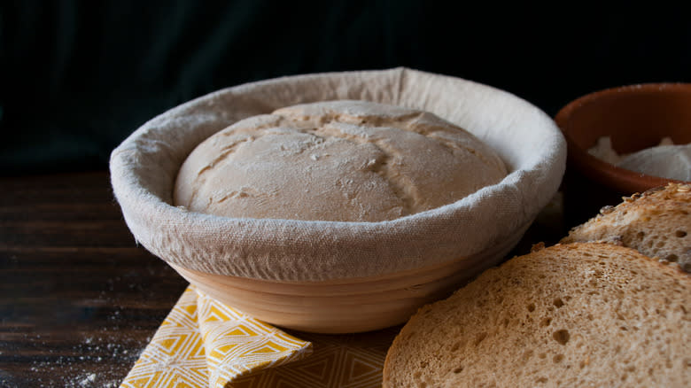 proofed dough in banneton basket