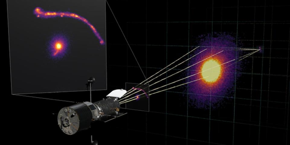 An artist's impression of the hubble telescope looking at a galaxy is shown next to the picture the scientists examined.