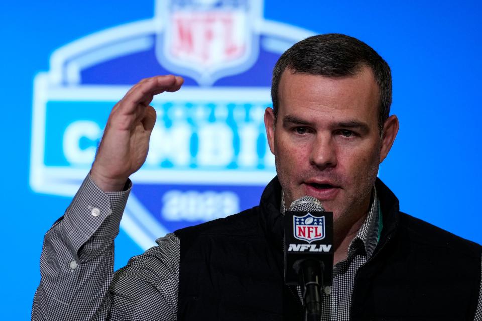 Buffalo Bills general manager Brandon Beane speaks during a press conference at the NFL football scouting combine in Indianapolis, Tuesday, Feb. 28, 2023. (AP Photo/Michael Conroy)