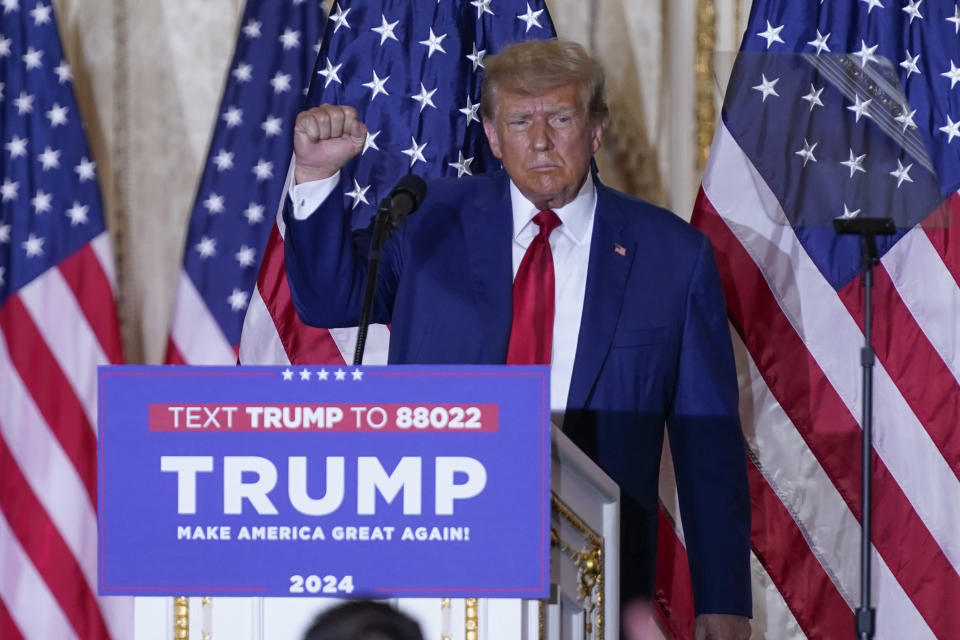 Former President Donald Trump speaks at his Mar-a-Lago estate Tuesday, April 4, 2023, in Palm Beach, Fla., after being arraigned earlier in the day in New York City. (AP Photo/Evan Vucci)