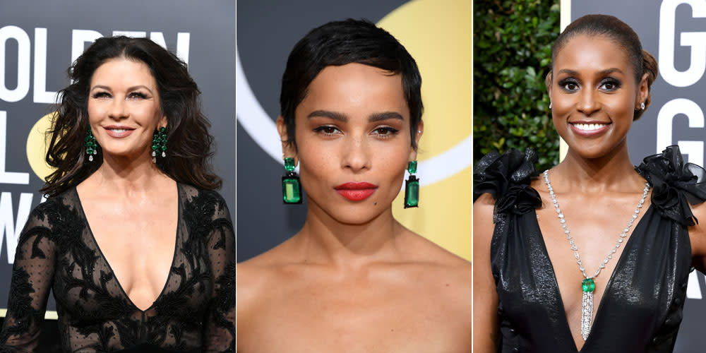 Catherine Zeta-Jones, Zoë Kravitz, and Issa Rae all wore emerald jewelry to the Golden Globes. (Photos: Getty Images)