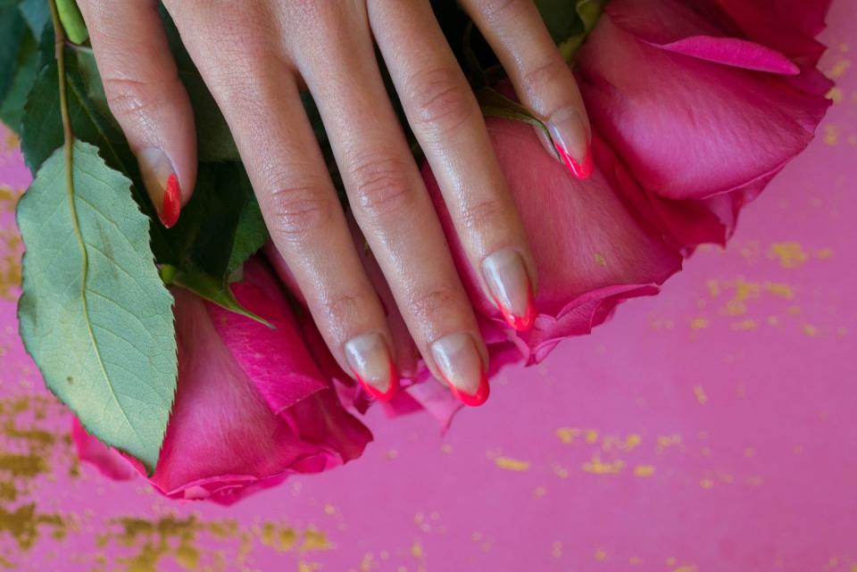 valentines day nail ideas neon pink french manicure