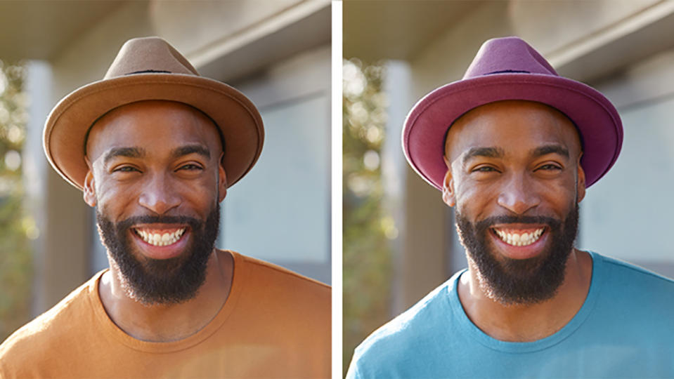 Two panes demoing Adobe's Photoshop Elements color replacement. A person wearing a hat and shirt, with different colors in each frame.