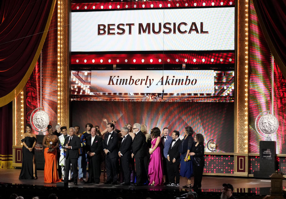 David Stone and members of the company of "Kimberly Akimbo" accept the award for best musical at the 76th annual Tony Awards on Sunday, June 11, 2023, at the United Palace theater in New York. (Photo by Charles Sykes/Invision/AP)