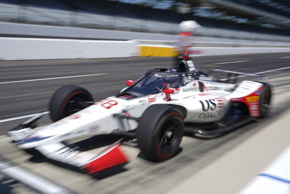 Marco Andretti pulls out of the pits during the final practice session for the Indianapolis 500 auto race at Indianapolis Motor Speedway, Friday, Aug. 21, 2020, in Indianapolis. (AP Photo/Darron Cummings)