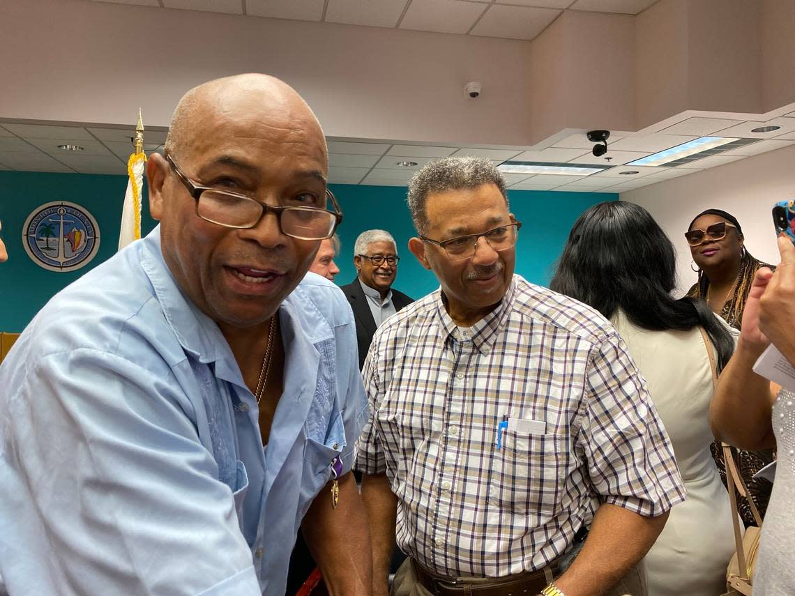 Vietnam War veteran Alvin Lawrence Alce, of Key West, left, greets friends and well-wishers on Aug. 8, 2022, after receiving the Purple Heart medal.