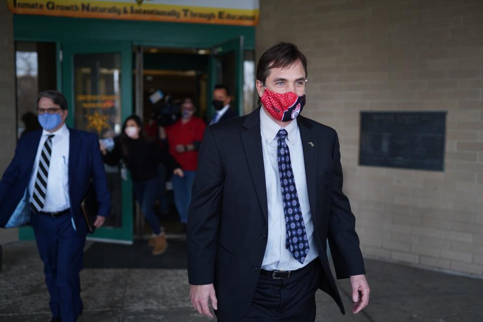 Ex-state health director Nick Lyon exits after making an appearance on a video arraignment at the Genesee County Jail in Flint on January 14, 2021, on new Flint Water Crisis charges. State prosecutors say they will appeal the decision to dismiss Lyon's case to the Michigan Supreme Court.