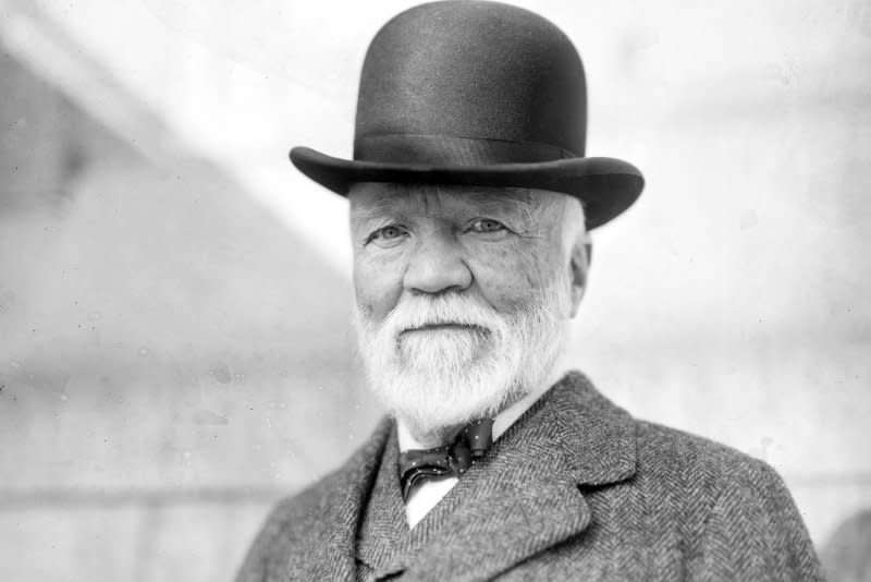 On January 12, 1912, industrialist Andrew Carnegie, pictured in 1913, lined up with the anti-trust view of former President Theodore Roosevelt as against the trust dissolution plans of President Taft today in testimony before the Stanley Committee. File Photo by Library of Congress/UPI
