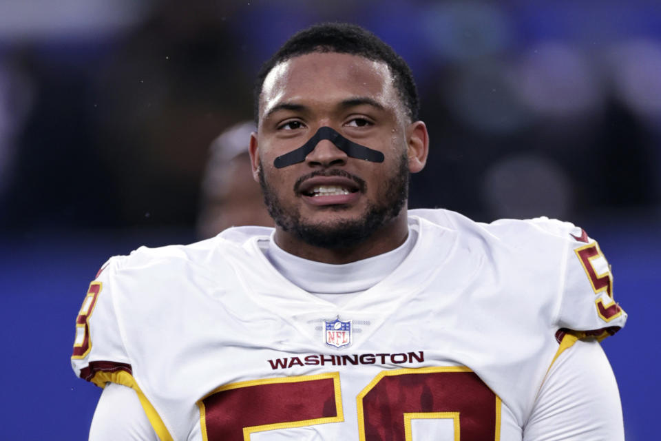 FILE - Washington defensive end Shaka Toney (58) walks off the field after an NFL football game against the New York Giants, Sunday, Jan. 9, 2022, in East Rutherford, N.J. The NFL has suspended five players for violating the league’s gambling policy on Friday, April 21, 2023. Detroit Lions wide receiver Quintez Cephus and safety C.J. Moore and Washington Commanders defensive end Shaka Toney were suspended indefinitely, while Lions wide receivers Stanley Berryhill and Jameson Williams have been suspended six games. (AP Photo/Adam Hunger, File)