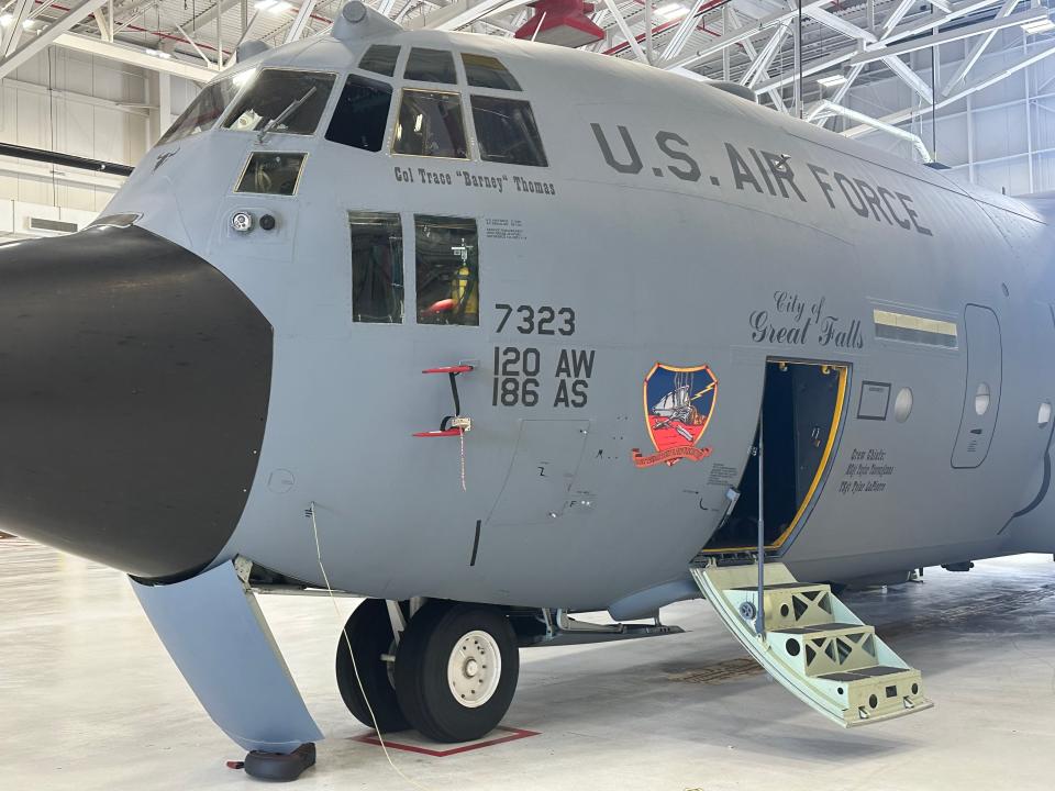 A C-130H Hercules cargo aircraft is parked for maintenance at the Montana Air National Guard base in Great Falls.