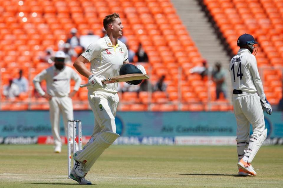 Australia's Cameron Green celebrates after reaching his century