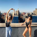 <p>Popular fashion blogger Danielle Bernstein of weworewhat modeled a one-piece studded suit from the brand on a New York City rooftop. </p>