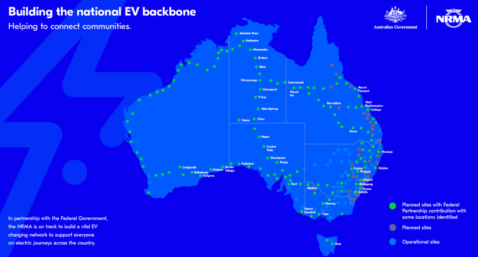 A map of the country showing all the spots electric vehicle charging stations are located on national highways. 