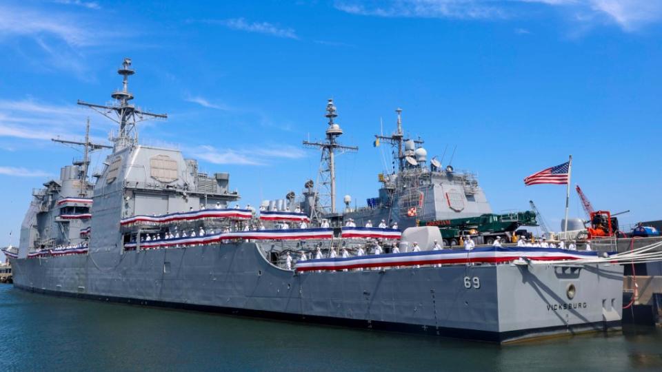 The Ticonderoga class cruiser USS Vicksburg seen pierside in Norfolk, Virginia during the ship’s decommissioning ceremony on June 28, 2024. <em>USN</em>