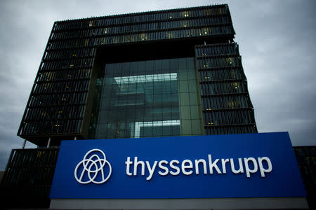 FILE PHOTO: A logo of ThyssenKrupp AG is pictured outside the ThyssenKrupp headquarters in Essen, November 23, 2017. REUTERS/Thilo Schmuelgen/File Photo