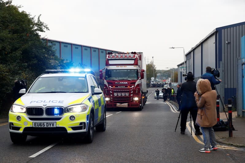 The scene where bodies were discovered in a lorry container, in Grays, Essex