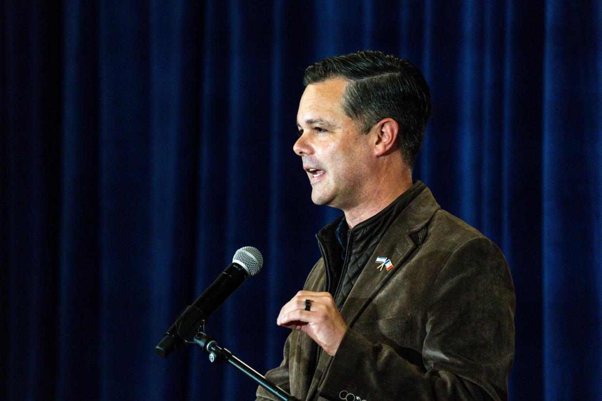 Rep. Zach Nunn speaks during Gov. Kim Reynolds Harvest Festival at the Elwell Family Food Center at the Iowa State Fairgrounds on Saturday, October 14, 2023 in Des Moines.