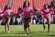 <p>Washington Redskins cheerleaders perform before an NFL football game between the Redskins and the Philadelphia Eagles, Sunday, Oct. 16, 2016, in Landover, Md. (AP Photo/Mark Tenally) </p>