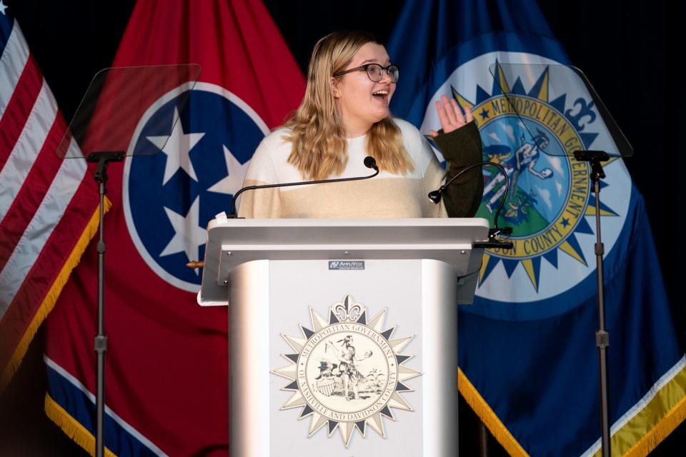 2023 Nashville Youth Poet Laureate Lochlan Cook speaks before Mayor John Cooper’s "State of Metro" address at James Lawson High School in Nashville on Thursday.